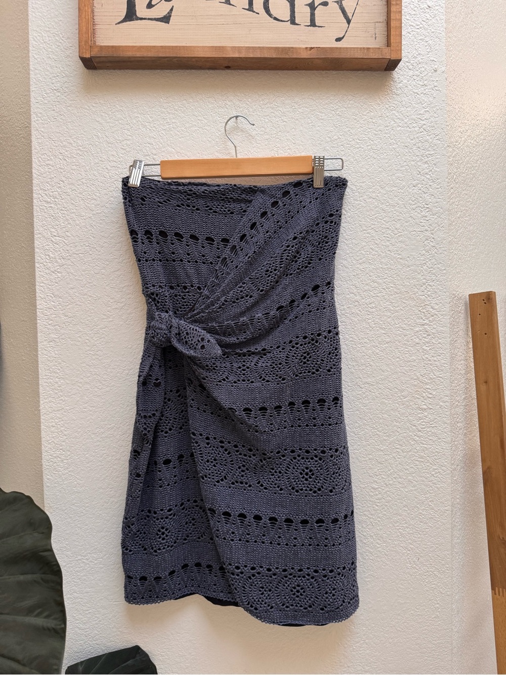 Free People Oceanside Strapless Crochet Mini Dress with Front Knot XS Slate Blue